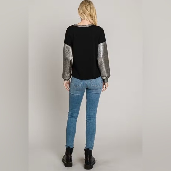 Cracked Metallic Long Sleeve Stretch Knit Top in Black - Picture 10 of 11